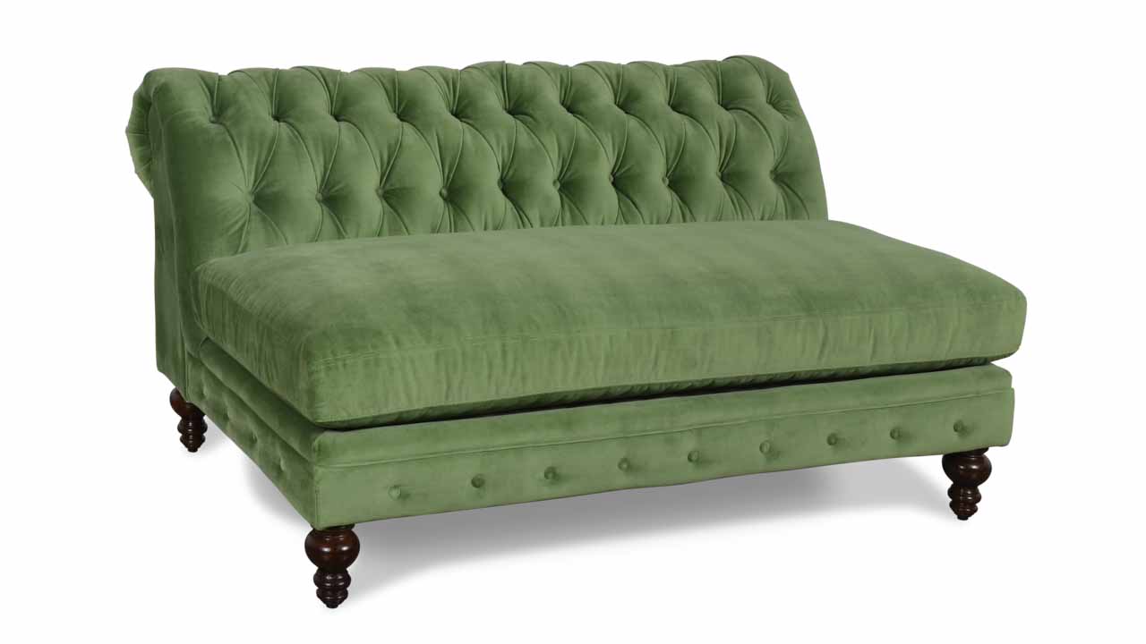 Classic Chesterfield Armless Fabric Banquette, Cococo Home, Velvet Love Seat, Green Velvet Love Seat