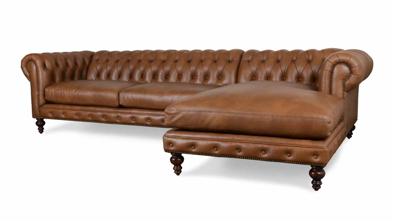 Classic Chesterfield Single Chaise Leather Sectional 121 x 42 Dante Walnut