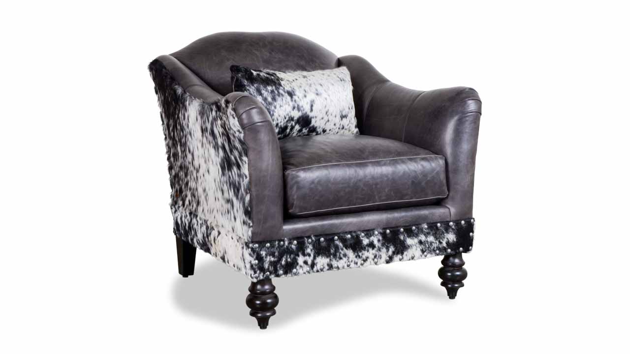 Raleigh Hair on Hide and Leather Chair 35 Carroll Black and White Salt and Pepper Bershire Pewter