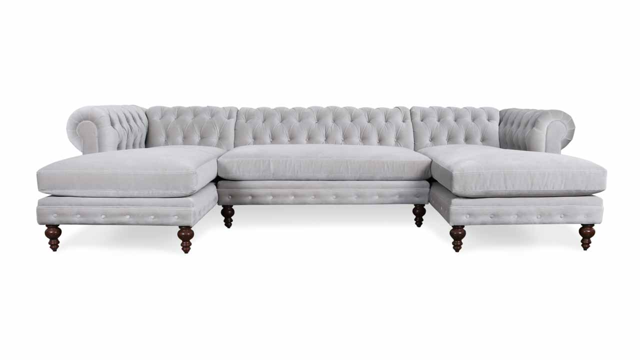 Classic Chesterfield Double Chaise Fabric Sectional 133 x 46 x 72 Como Sharkskin