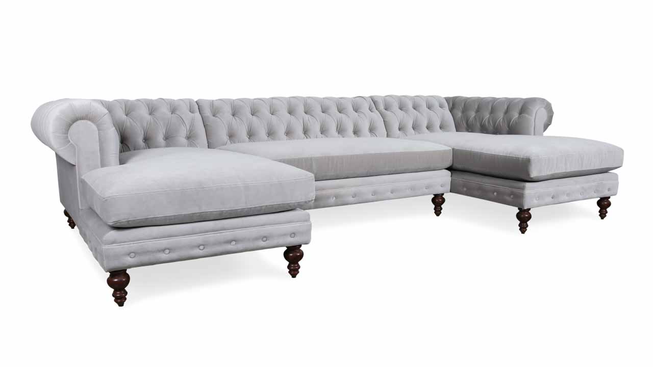 Classic Chesterfield Double Chaise Fabric Sectional 133 x 46 x 72 Como Sharkskin