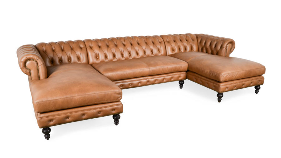 Classic Chesterfield Double Chaise Leather Sectional 133 x 42 Dante Walnut by COCOCO Home