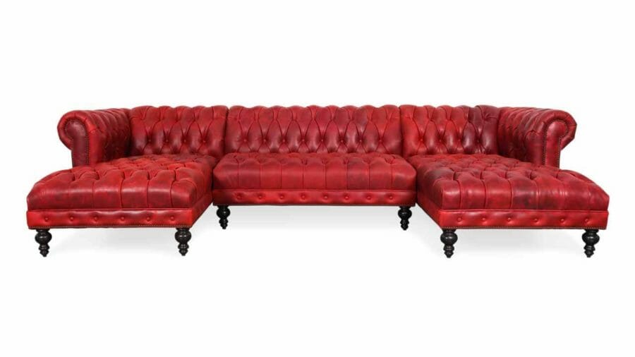 Chelsea Chesterfield Double Chaise Leather Sectional 127.5 x 42 x 38 CTL Vintage Mustang Racing Red 1 1