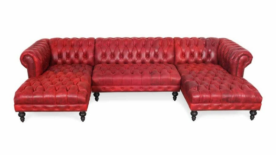 Chelsea Chesterfield Double Chaise Leather Sectional 127.5 x 42 x 38 CTL Vintage Mustang Racing Red 2 1