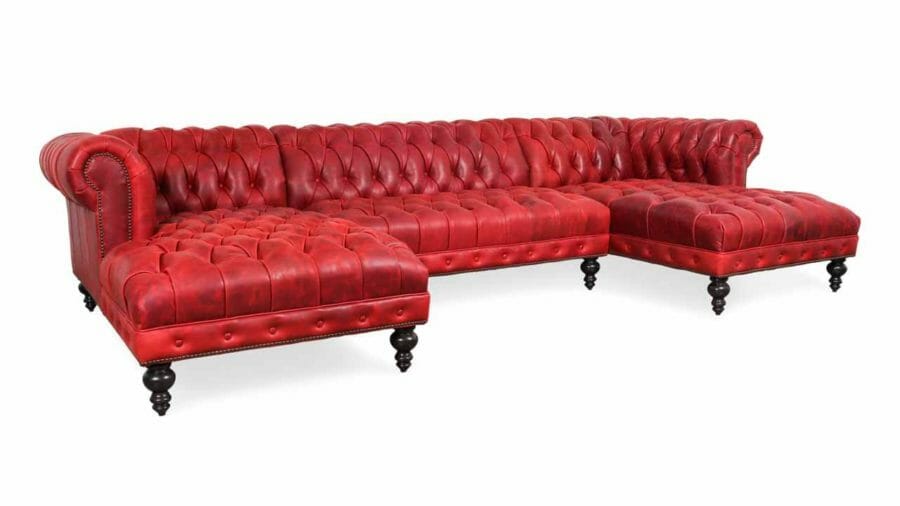 Chelsea Chesterfield Double Chaise Leather Sectional 127.5 x 42 x 38 CTL Vintage Mustang Racing Red 4 1