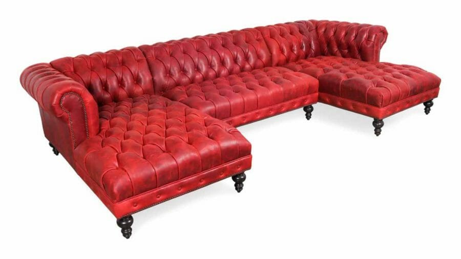 Chelsea Chesterfield Double Chaise Leather Sectional 127.5 x 42 x 38 CTL Vintage Mustang Racing Red 5 1 1