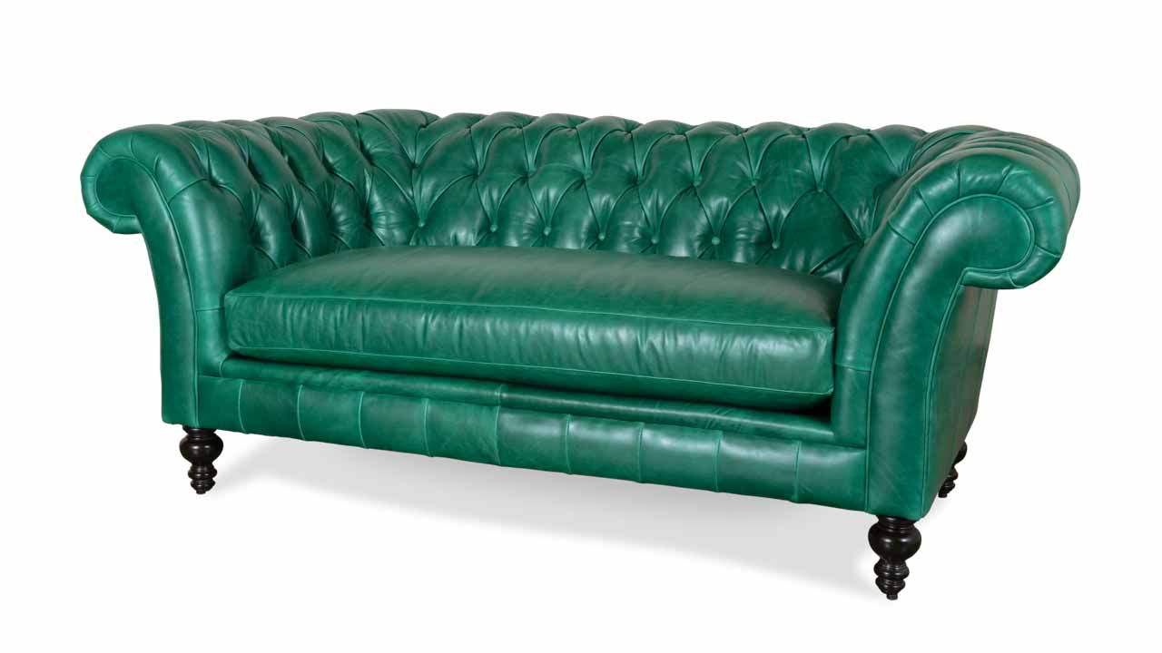 English Chesterfield Leather Loveseat 80 Mont Blanc Emerald