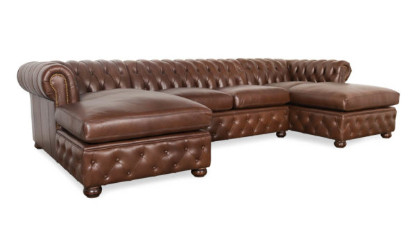 Traditional Double Chaise Leather Chesterfield Sectional in Williamsburg "Hazelnut"