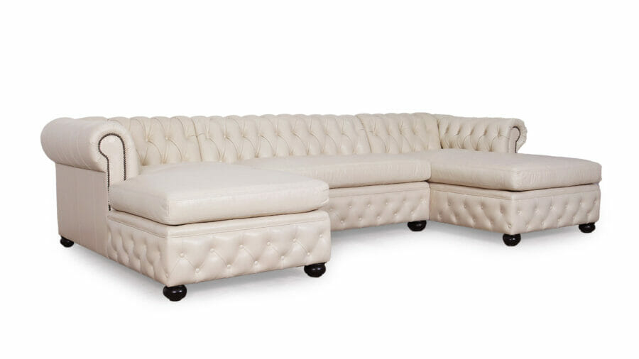 Traditional Chesterfield Double Chaise Sectional 133x25 Leather Mont Blanc Ivory Nails 44 Legs 25 bun espresso finish 9180