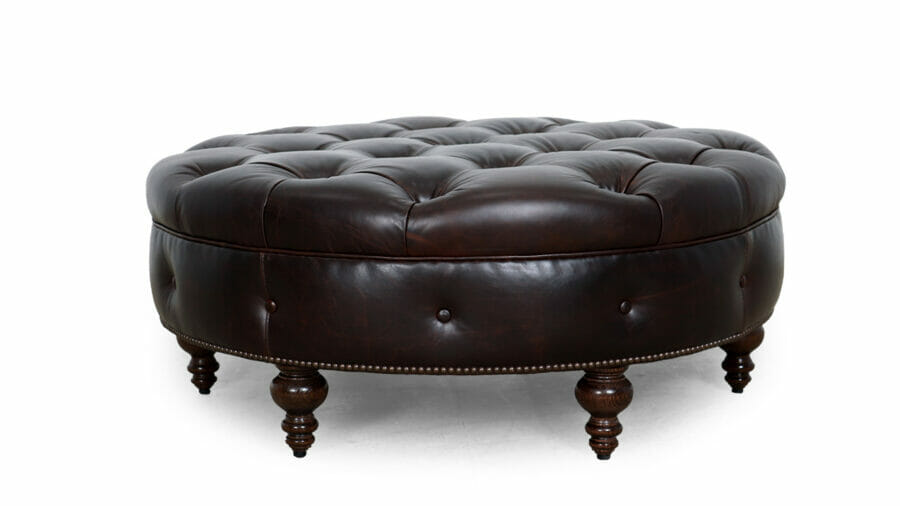 Chesterfield Round Leather Ottoman 42 Echo Cigar 06 oiled bronze