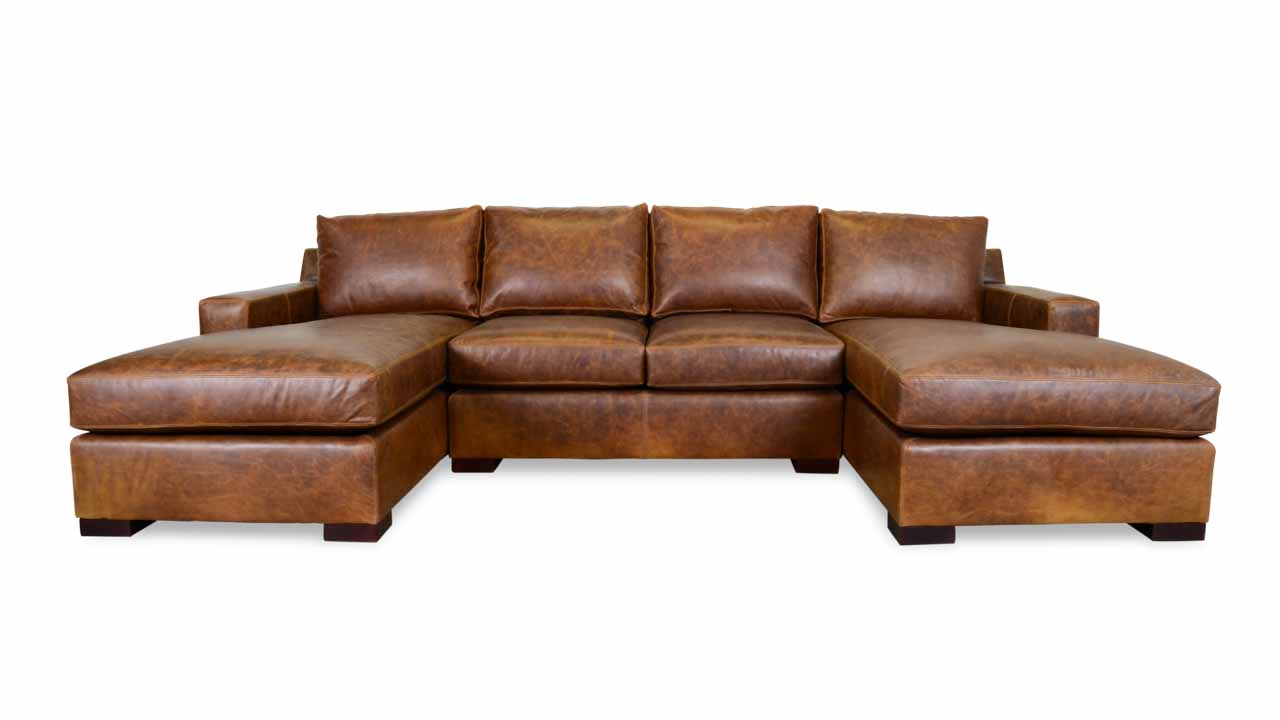 Durham Double Chaise U Shaped, Leather Sectional Brown