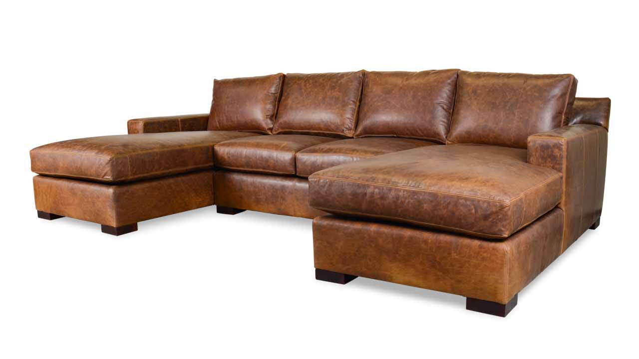 Durham Double Chaise U Shaped, Brown Leather Sectional Chaise