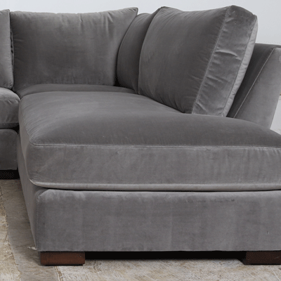 Monroe fabric sectional with bumper chaise 128 x 101 como grey cloud 3000 walnut 2