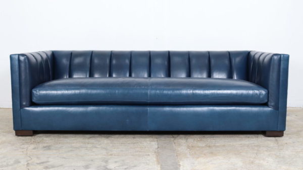 Contemporary Leather Sofa, Channel Tufts, Blue Leather