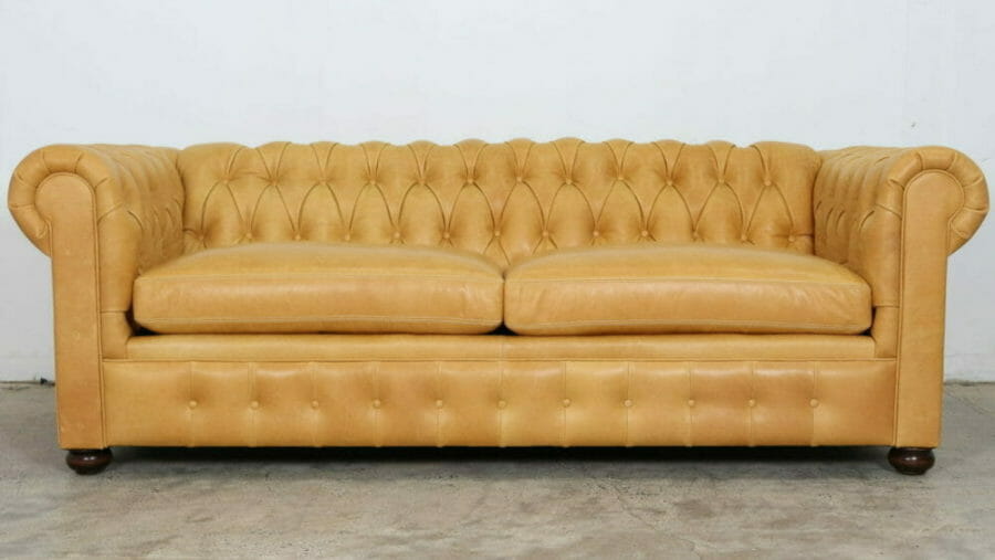 Traditional Chesterfield Sofa Option 4 91 x 42 Leather Haven Marigold 25 Bun Walnut Finish 9900 1 scaled e1641665308755