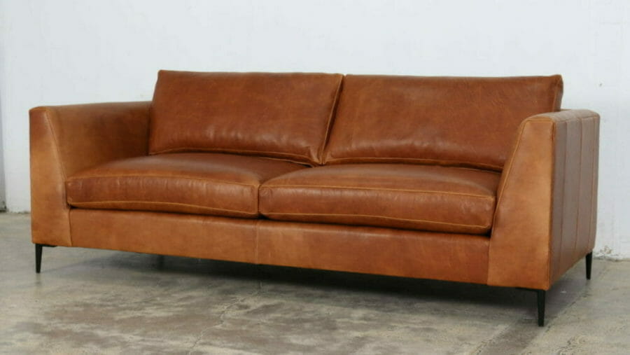 Everly Leather Sofa 88 x 40 Pamplona Marigold Angelo Black Matte PO 10843 Minneapolis Showroom 4 scaled e1650739377505