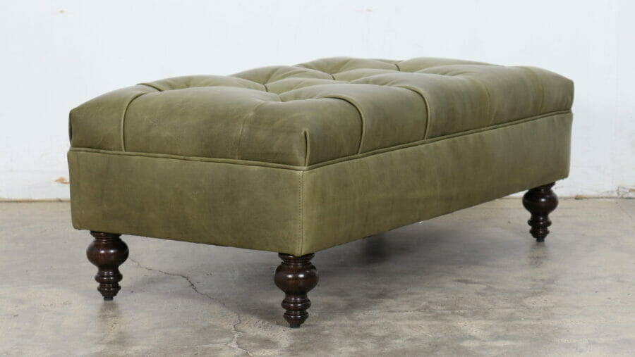 Soho Chesterfield Tufted Top Ottoman 48 x 24 x 16.5 Leather MG Madrid Moss Legs 8500 Walnut 11086 2 scaled e1673037984798