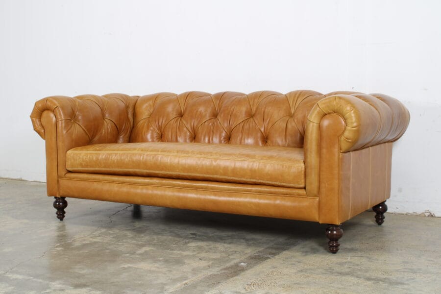 Soho Chesterfield Sofa 85 x 42 leather MG Mont Blanc Sycamore bench cushion 38 old gold spotted nails 8500 walnut finish 12705 4 scaled